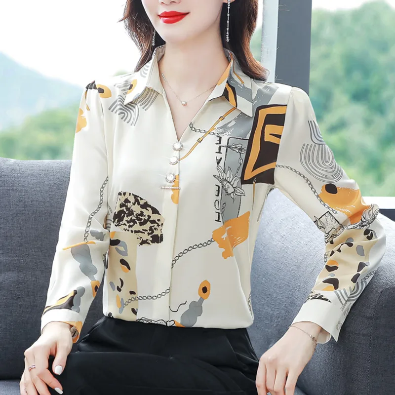 #2536 Spring Printed Chiffon Shirt Women Long Sleeve Vintage Womens Tops And Blouses Slim Turn-down Collar Buttons Retro Shirts