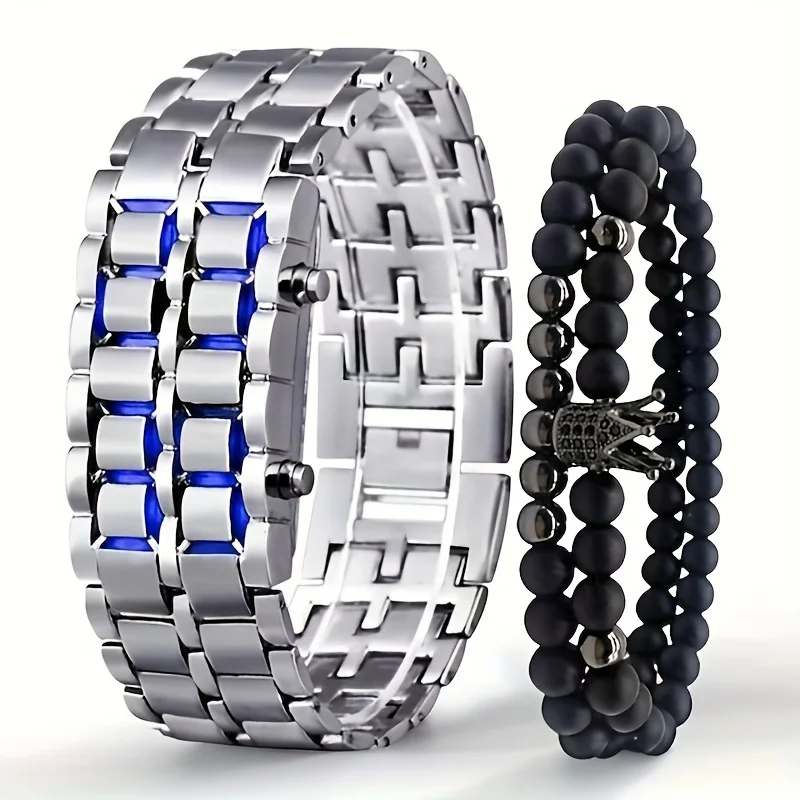 3pcs/set, Creative LED Digital Display Bracelet Watch & Crown Beaded Bracelet Set