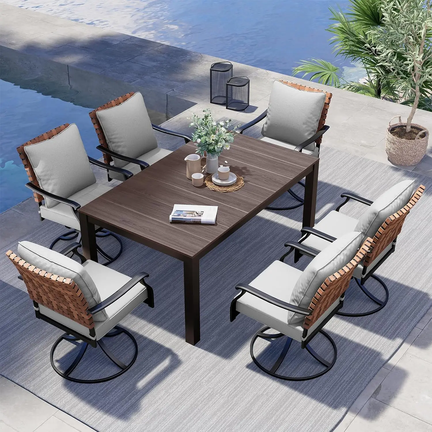 

7-Piece Outdoor Dining Set 6 Leather-Look Wicker Swivel Patio Chairs & 1 Rectangular Faux Woodgrain Dining Table