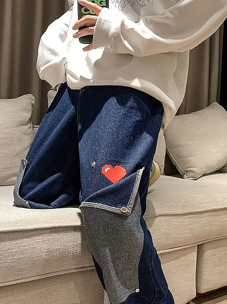 Harajuku Wide Leg Baggy Cargo Jeans Pants Men Heart Oversize Straight Casual Denim Long Trousers Streetwear Vintage Y2k Hip Hop