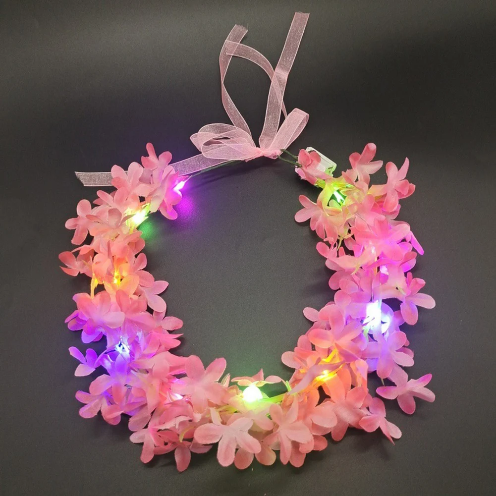 1pcs Women Girl LED Hawaii Hawaiian Lei Headband Glow Light Up Flower Crown Wreath Birthday Wedding Party Festival Christmas