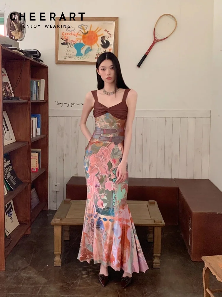 

CHEERART Color Block Floral Long Elegant Dress Woman 2025 Summer Patchwork Bodycon Mermaid Maxi Evening Dress Clothes