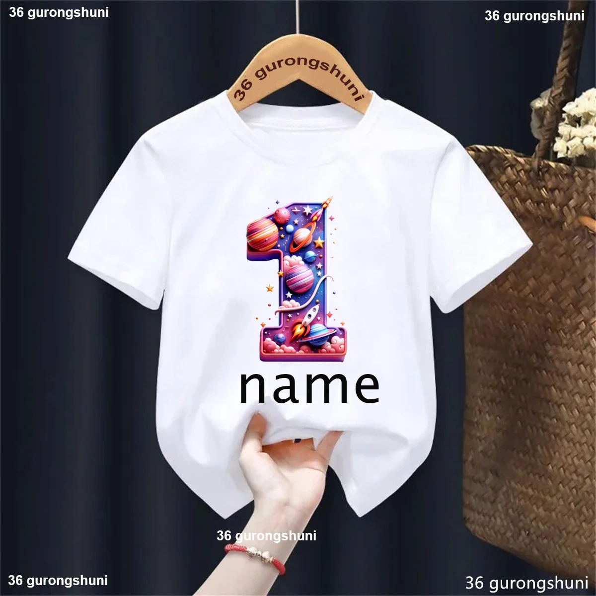 Custom Name 1th Birthday Gift Printed T Shirt Girls/Boys Astronaut Spacecraft Planet Tshirt Kawaii Kids Clothes Solid T-Shirt