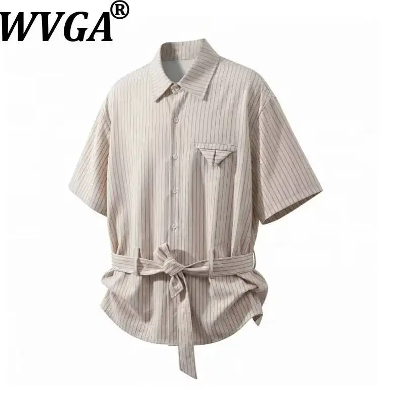 

Мужская летняя рубашка WVGA с коротким рукавом, драпировкой, защитой от морщин, универсальная, в полоску, с завязками, модная, повседневная, стильная, W23107