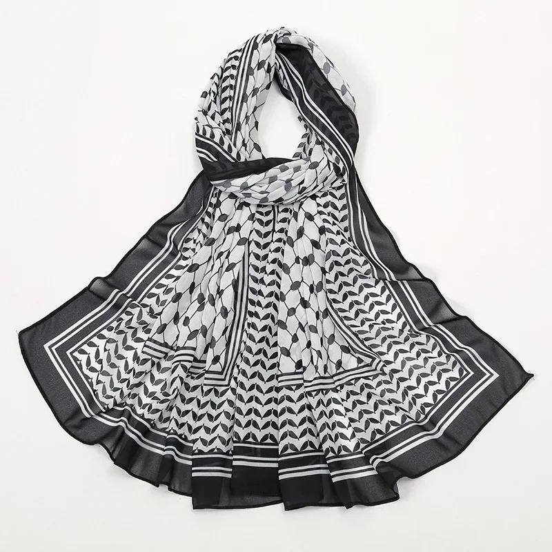Palestine Keffiyeh Hijab Scarf Printed Chiffon Headscarf Black Long Hijabs for Woman Muslim Arab Turban Shawls Islamic Clothing