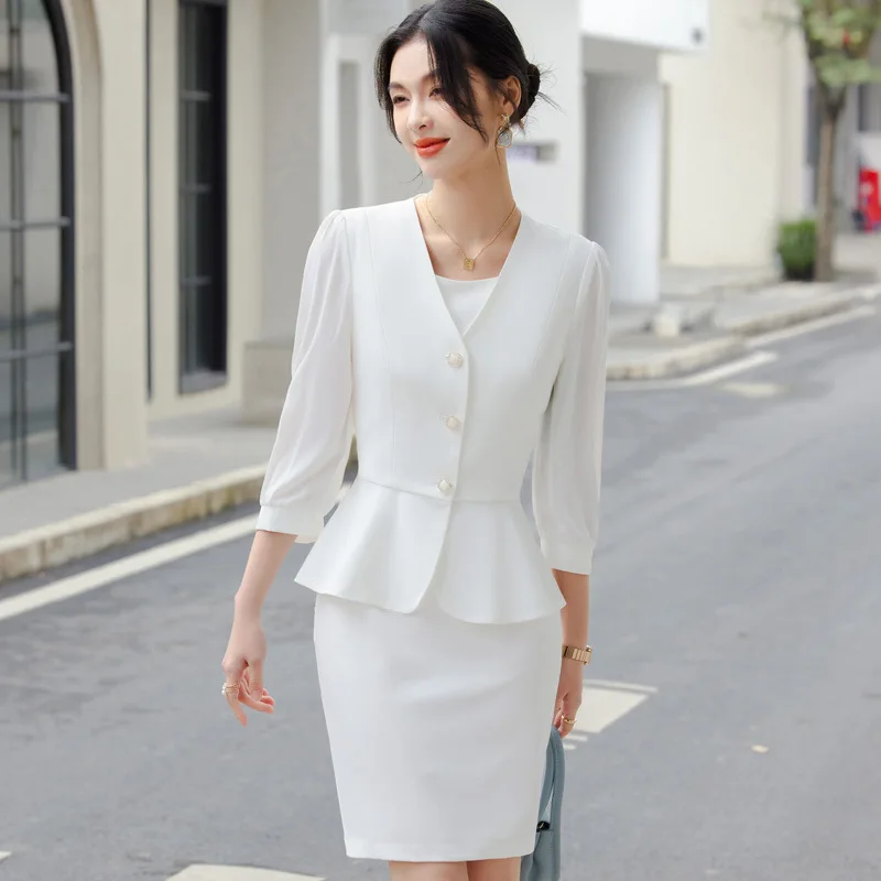 Women Formal 2 Pieces Set 2024 New Fashion Lantern Sleeve Jacket + White Dress Suit Office Ladies Business Blazers Skirt Set