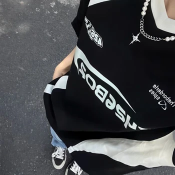 Deeptown Schwarz Patchwork Vintage Tops Sport Y2k Lose T-shirts Amerikanischen Retro Mode Streetwear Oversize Casual Kurzarm