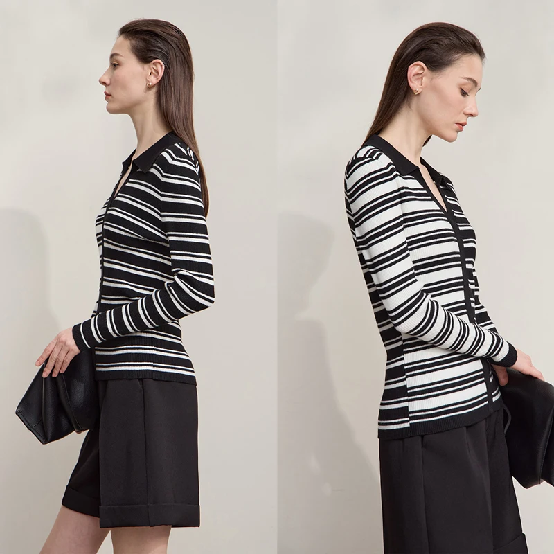 AMII Damski Sweter Jesień 2025 Nowa Odzież Damska Dekolt V Patchwork Paski Codzienny Dzianinowy Długi Rękaw Bluzki Dla Kobiet 12543158