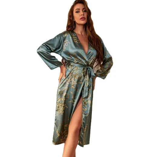 Home print long-sleeved nightgown thin sexy women's lace-up dressing gown pajamas - view 5