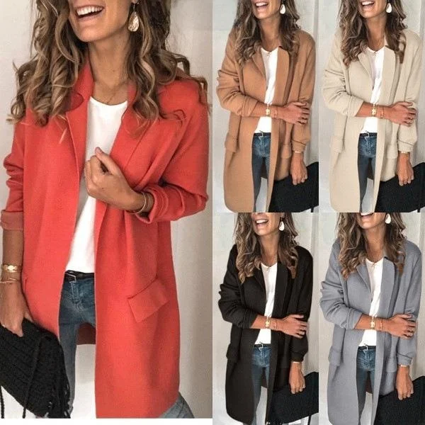 

Women's Long Sved Fake Pocket Suit Jacket Casual Style Slim Fit Mid-Length Pure Color Fashionable Ladies' Suit Coat