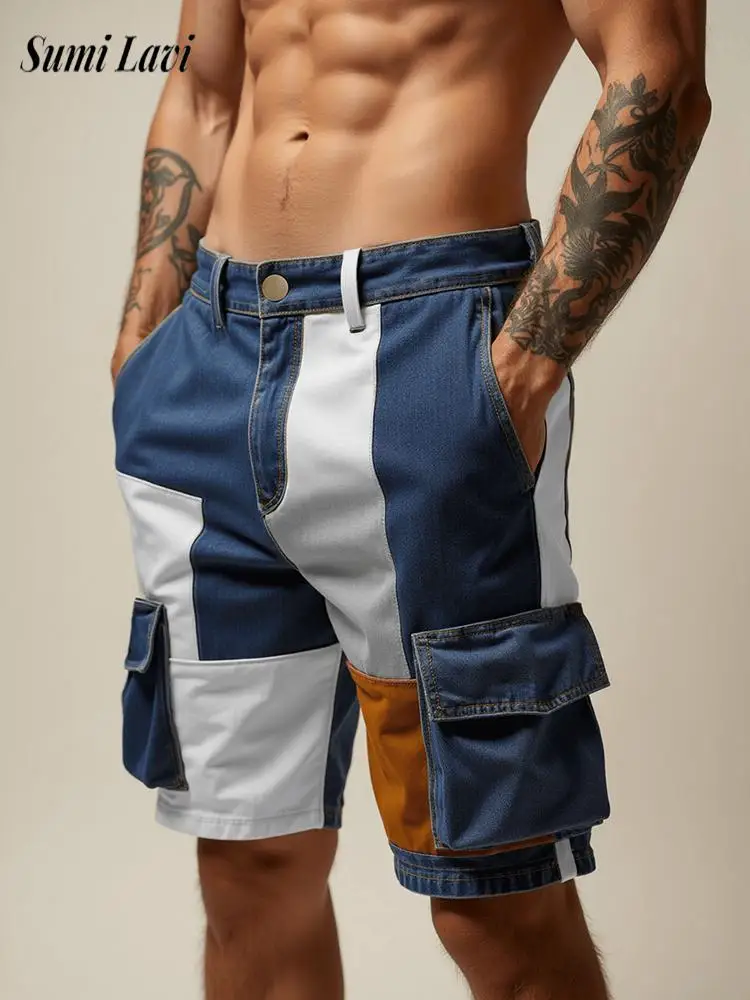 

Daily Leisure Mens Loose Straight Shorts 2026 Summer Casual Multi Pocket Patchwork Cargo Shorts Men Vintage Contrast olor Shorts
