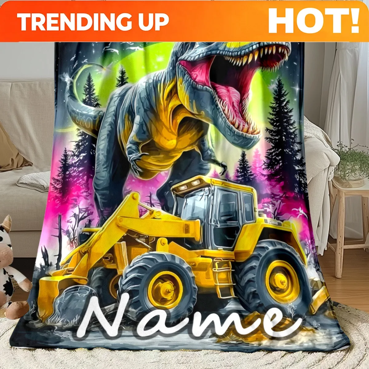 Customize Personalized Dinosaur Excavator Throw Blanket - a Lightweight Bedding Option Perfect for Sofas, Beds, Travel, Camping,