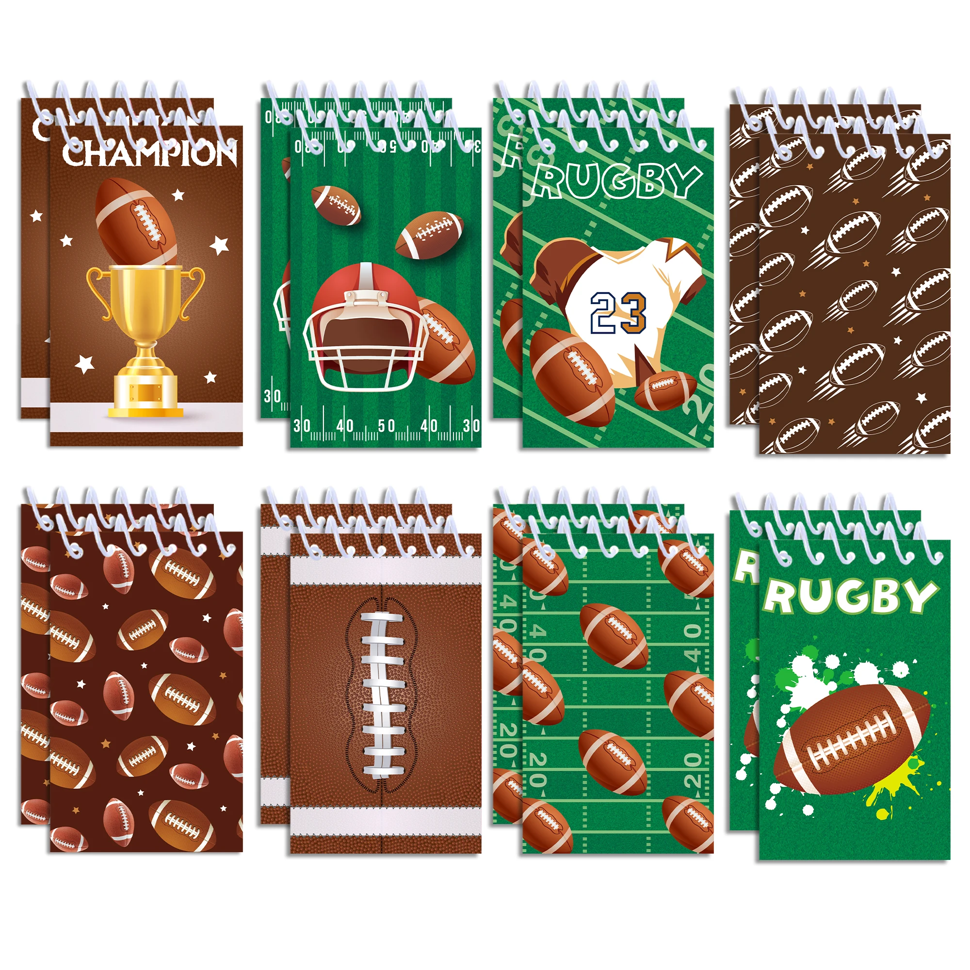 8/16/24pcs Rugby Mini Spiral Notebook American Football Trophy Print Small Pocket Notepad for Birthday Party Sports Fan Gifts