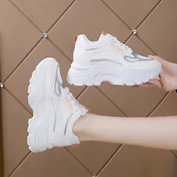 Fashion Chunky Platform Sneakers Women 2024 Spring Thick Bottom Sprots Shoes Woman PU Leather Mix Color Lace Up Casual Shoes