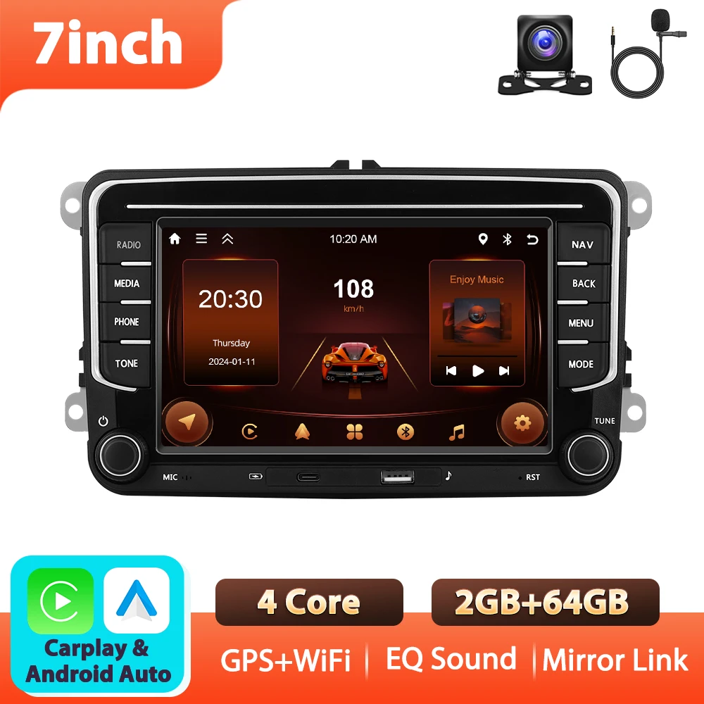 Podofo 7'' 6+128G autoradio voor VW/PASSAT/GOLF/POLO/BORA multimediaspeler WIFI Carplay Android Auto BT EQ Sound DSP autostereo - afbeelding 1