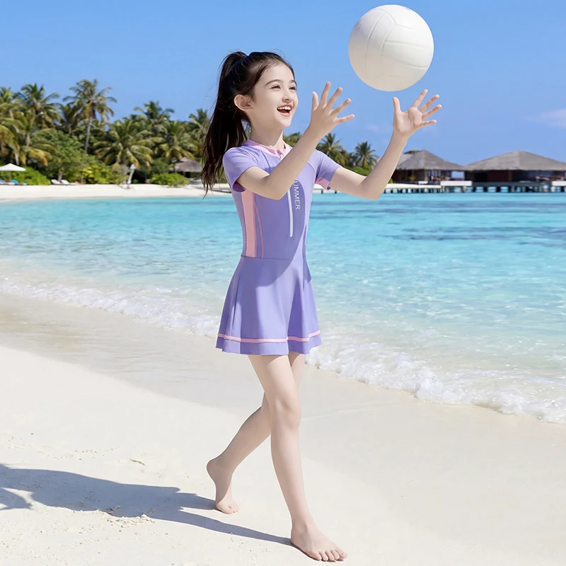 Baju Renang Satu Potong untuk Anak Perempuan dengan Rok Lengan Pendek Musim Panas, Gaun Renang Beritsleting, Pakaian Olahraga, Baju Mandi, Pakaian Renang untuk Anak-anak