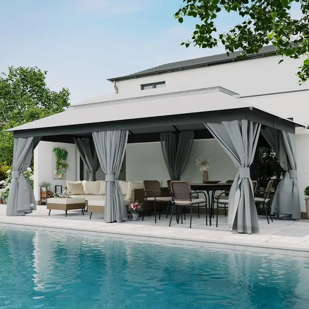 10'x20' Outdoor Gazebo, Metal e Heavy Duty Patio Tent Shelter with Double Roos, Mosquito Nettings and Privacy Sns or Backyard, G