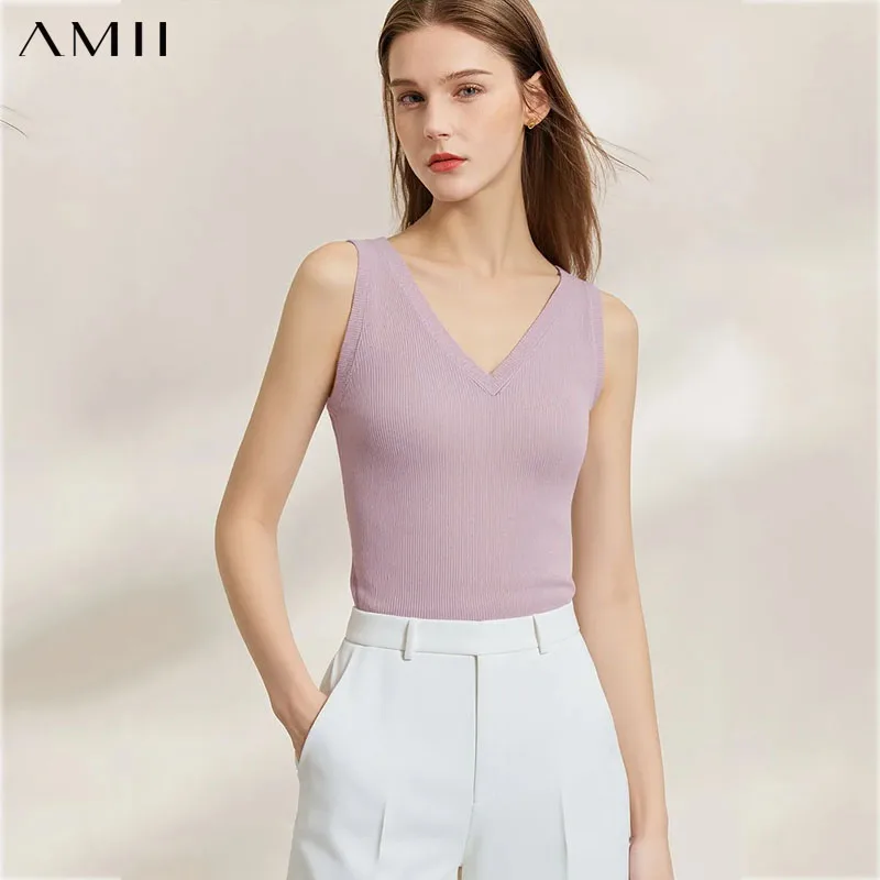 

Женский топ Amii 2026: летний базовый трикотажный жилет без рукавов с V-образным вырезом, в рубчик, повседневная универсальная одежда, укороченный топ для женщин 12641107