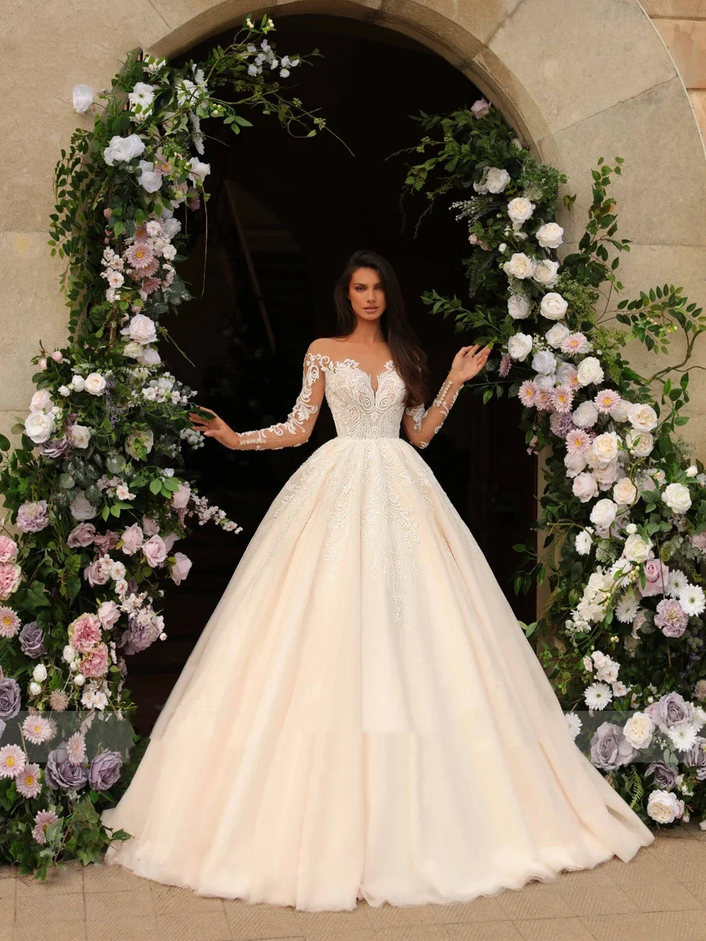 Flavinke personalizado miçangas pérolas apliques fora do ombro a linha vestidos de noiva rendas mangas completas vestidos de casamento champaghe 2025