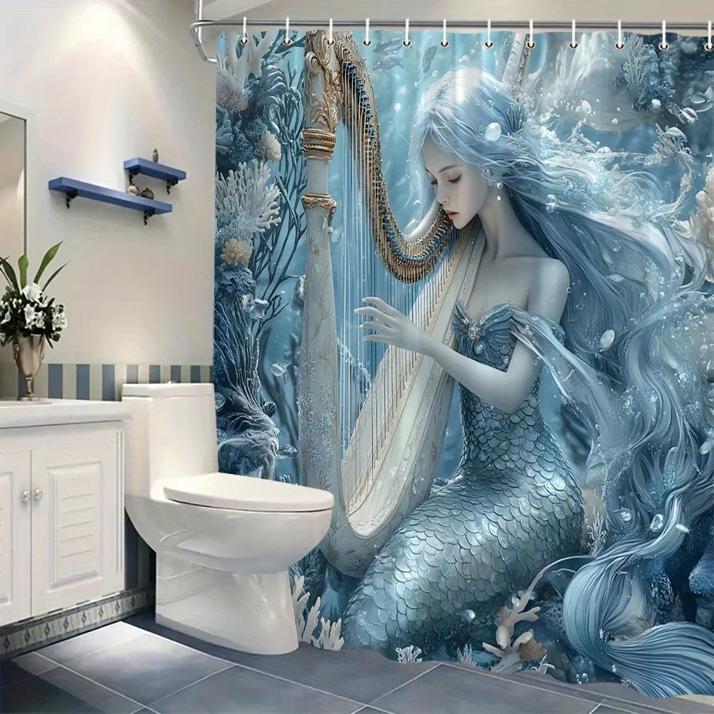 Rideau de douche en forme de harpe de sirène enchanteresse – Design fantaisie océanique pour une décoration de salle de bain moderne, imperméable, facile d'entretien et un art unique