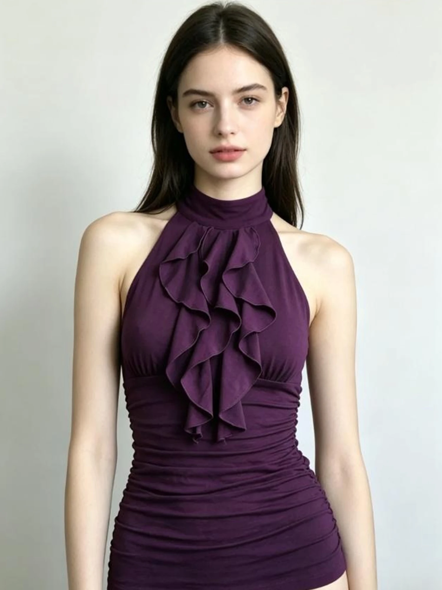 Women's Purple Turtleneck Halter Ruffled Tank Top Y2K Gyaru Camisole Off Shoulder Sleeveless Vest Cami Top for Women Summer 2026