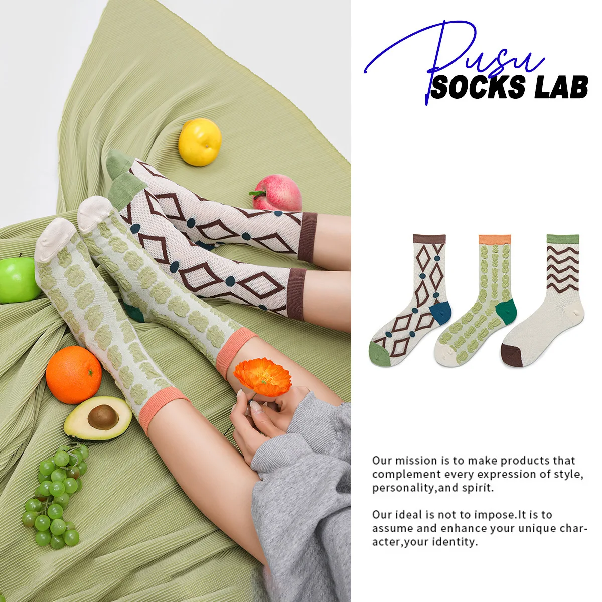 

3Pairs Contrasting Colors Geometric Color Matching Wavy Tube Socks Women Breathable Thin Mesh Breathable Korean INS Wind