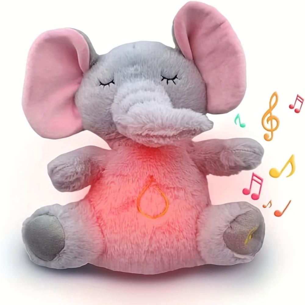 Elephant Plush Puppet with Soothing Sound, Rhythmic Breathing Motion and Gentle Lights, Baby Plush Toys Safe for 0+ Months