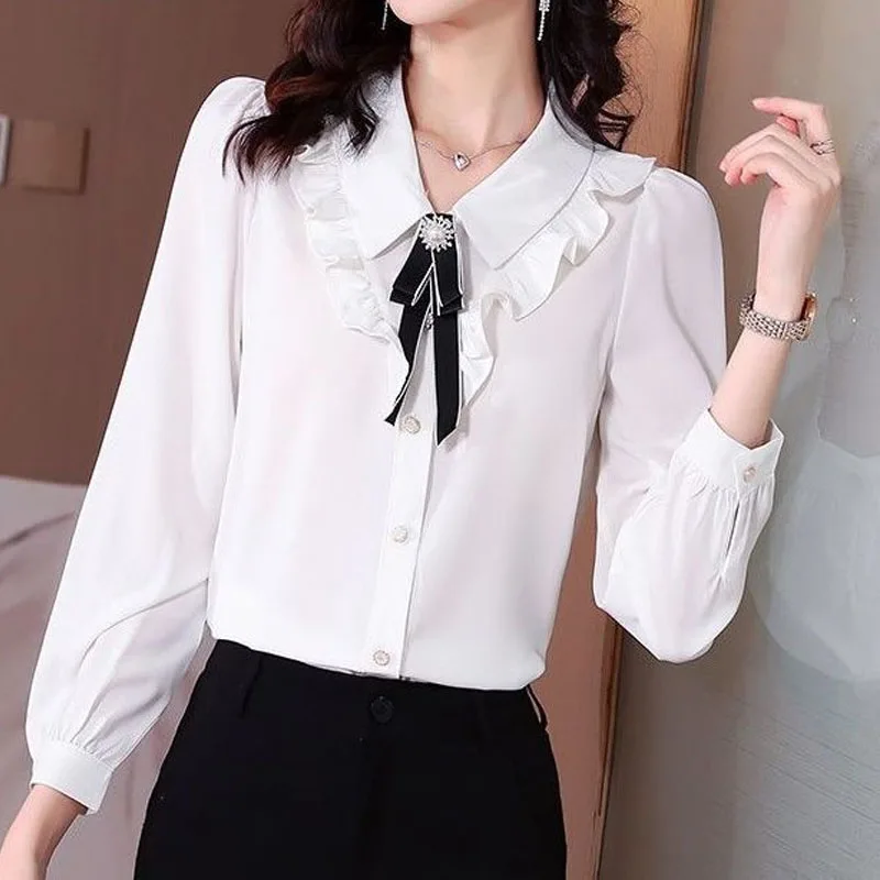 Elegant Commute Bow Turn-down Collar Solid Color Button Shirt Female Korean Long Sleeve Ruffles Blouse Spring Autumn Fashion