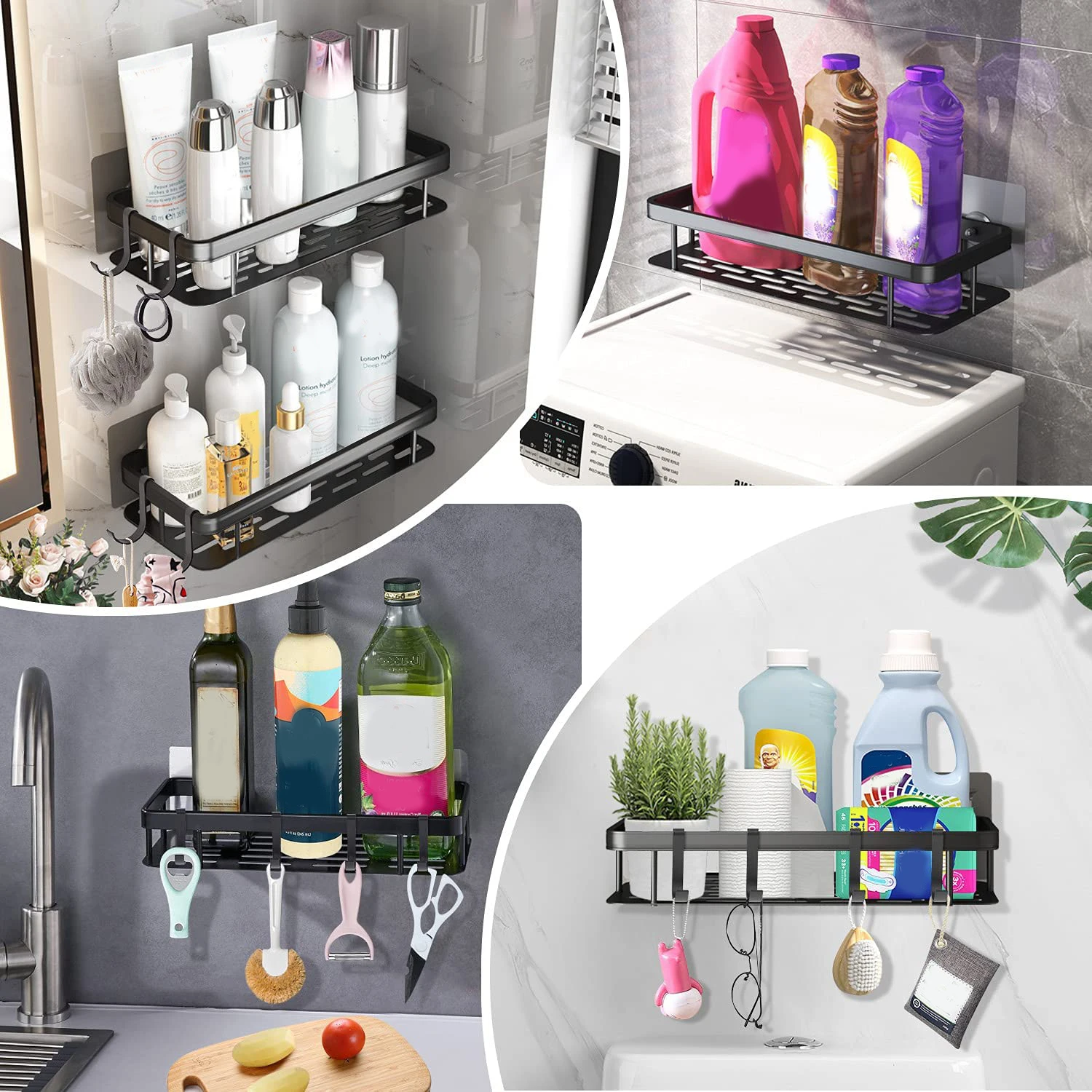 Shower Shelf Wall Mount Storage Rack Hollow Bottom Rustproof Aluminium Holder For Kitchen Bathroom Space Saving