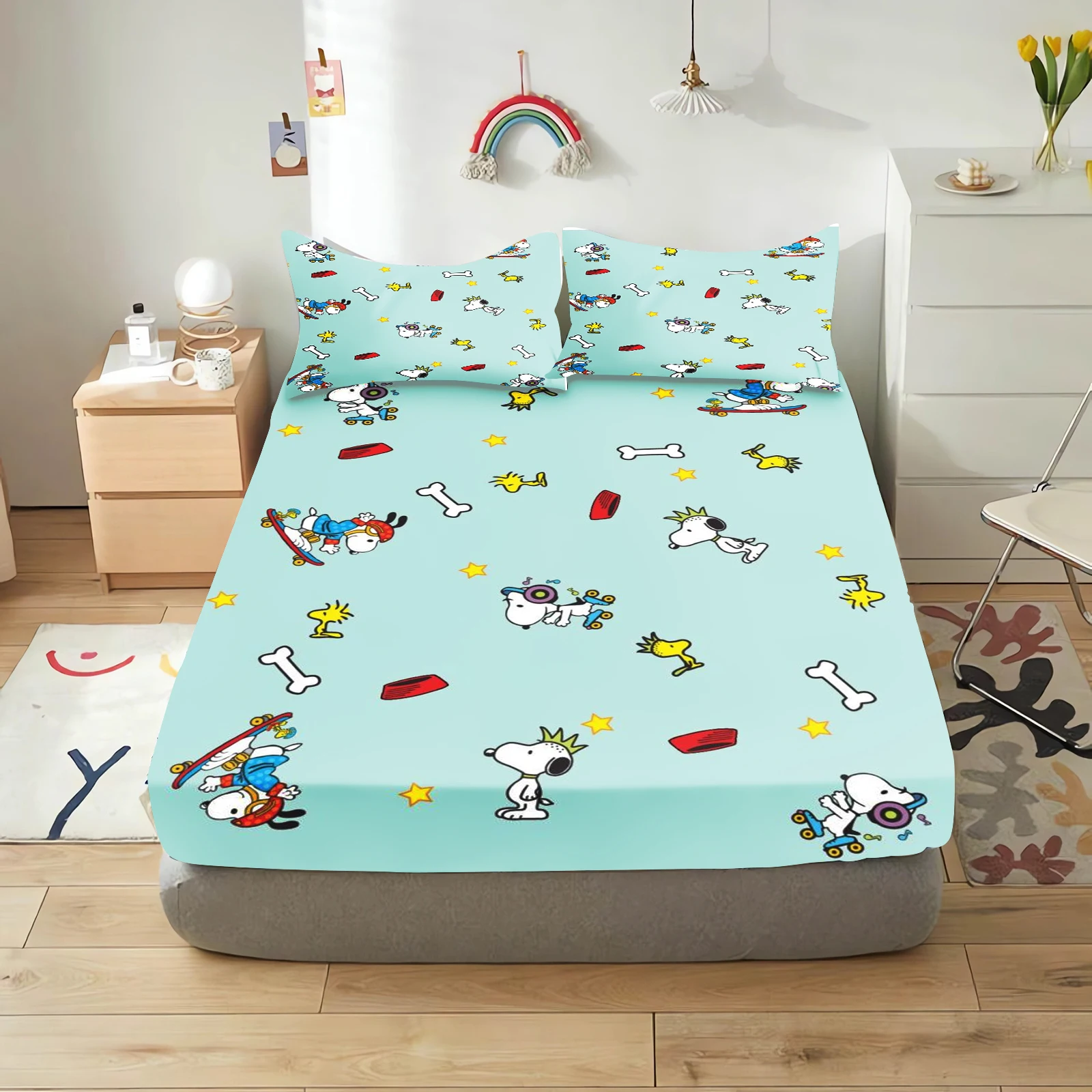 Snoopy Bedding Set Fitted Sheet With Pillowcase Suitable For Children And Adults  Home Full Cute Printed Cartoon