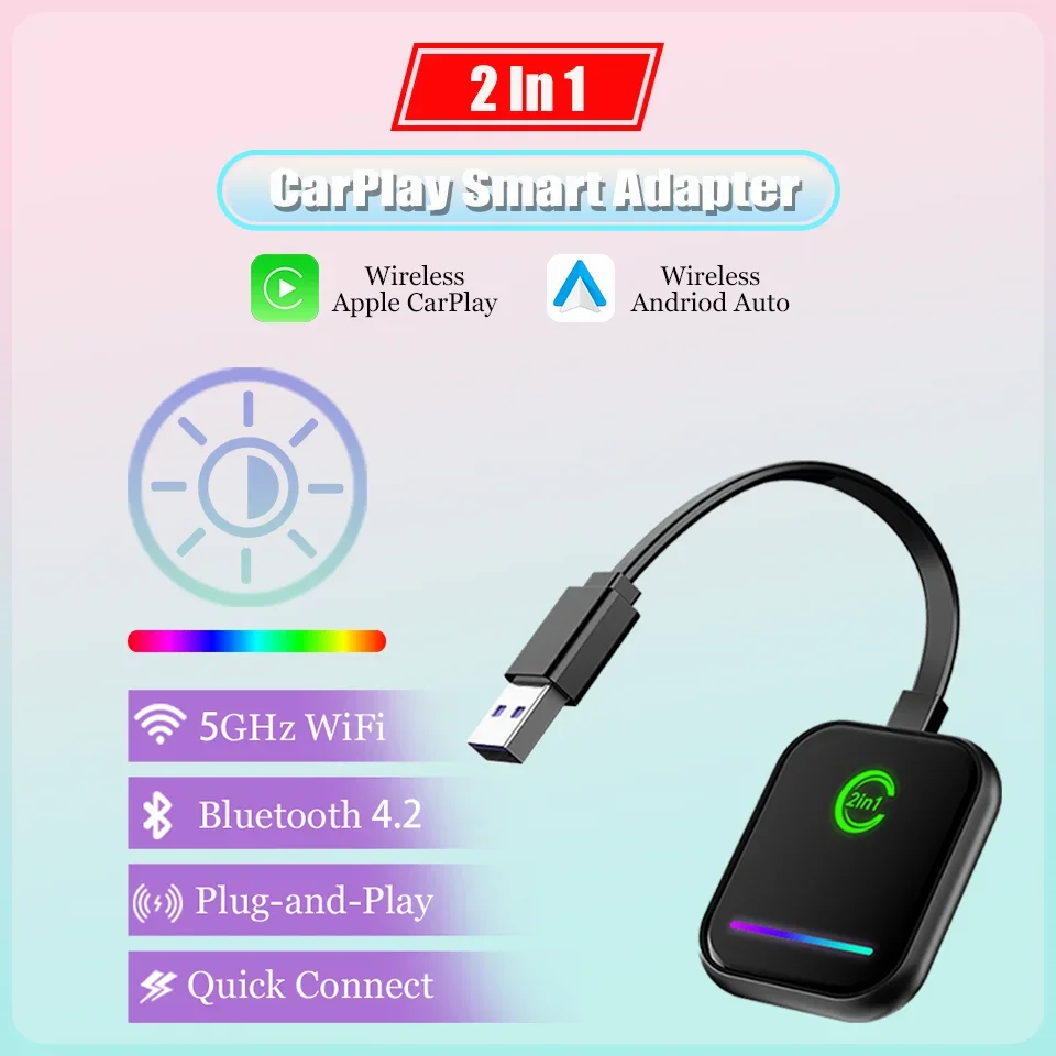 

New Wireless Box Apple CarPlay & Android Auto 2 in 1 Mini Adapter Smart Plug & Play Dongle Bluetooth WiFi USB Fast Connectivity