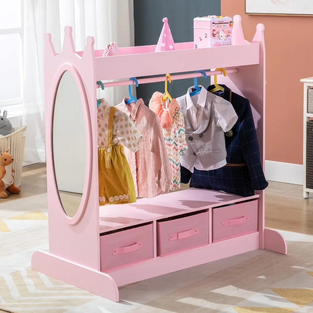 

Kids Dress Up Storage with Mirror and Drawers, Kid Armoire Dresser, Pretend Storage Closet for Kids, Costume Wardrobe