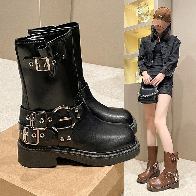 Punk Style Buckle Strap Mid-Calf Boots Women Black PU Leather Platform Western Boots Woman Big Size Square Toe Thick Heels Boots