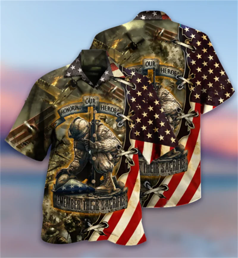 American Soldiers Printing Shirt For Men Fashion Vintage Pattern Harajuku Oversized Short Sleeve Tops Leisure O-neck Sports Tees