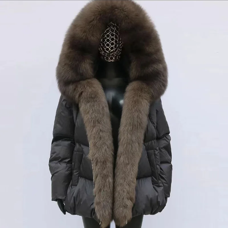 

Winter Thiened Women's down Jaet Fur Collar Hooded Coat Warm Casual Sle Long Sve Zipper Closure Animal Pattern