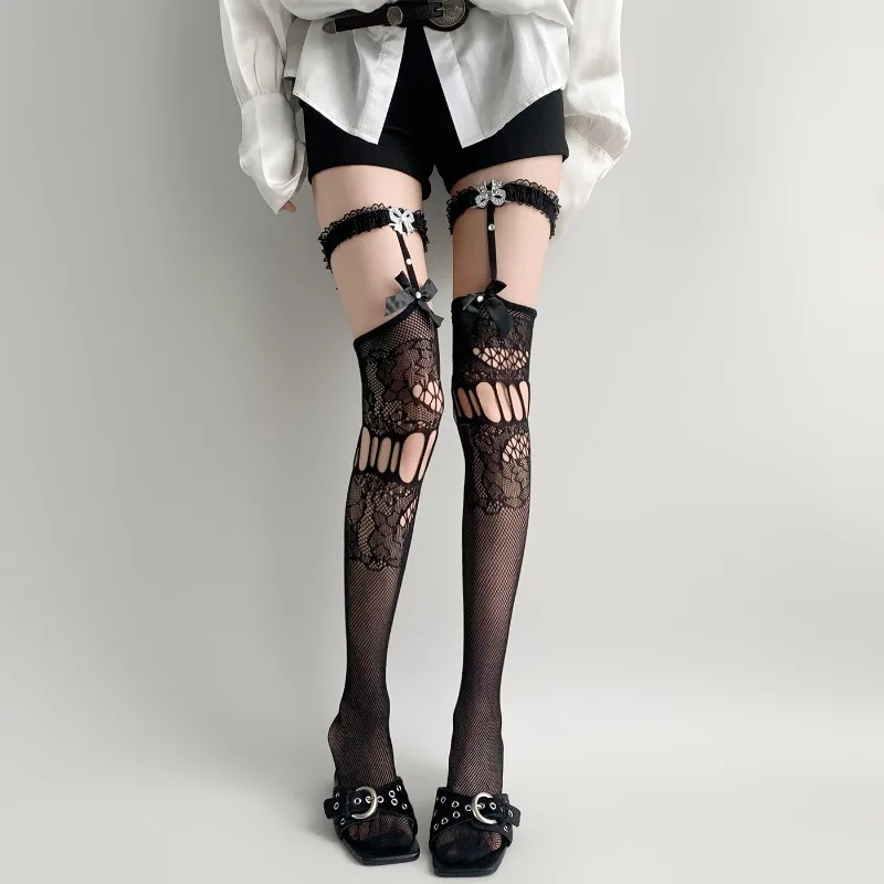 

Summer Female Lace Sexy Stockings Thin Rhinestone Knee-high Garter Models Erotic Lingerie Jacquard Hollow Bow Stockings