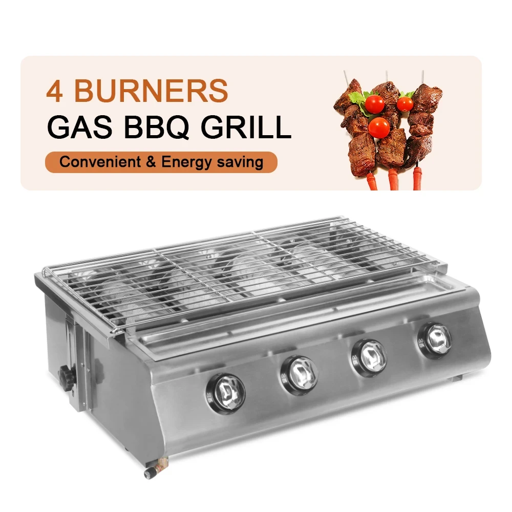 GZZT 4 Burners Gas BBQ Grill Stainless Steel Smokeless Stove W/ Burner Protecting Covers Use LPG Roast Griddle Barbecue Tools