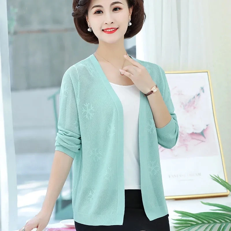 Summer thin Women's Knitted Loose Ice Silk Cardigan Middle-aged Women's Summer Dress Skirt short  CasualFemale Outer Shawl