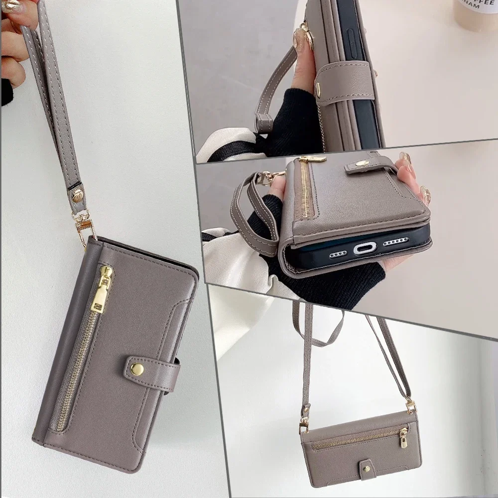 

Card Slots Crossbody Phone Case For Realme 12 11 Pro Plus 5g 11x C67 Gt5 Pro Narzo 60x Zipper Wallet Flip Case With Lanyard