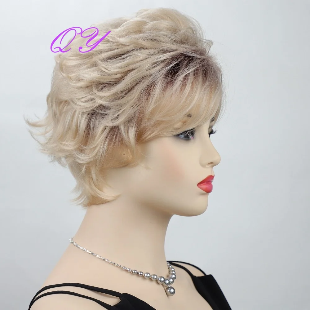 Synthetic Short Brown Hair Root Ash Blonde  Women's Wig Natural Straight With Fluffy Bangs Wigs For Women  Daily Hair Wig