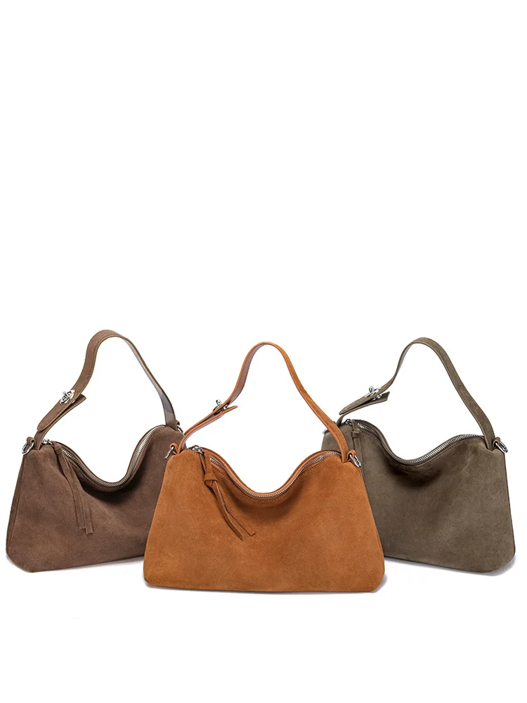 

Designer Suede Underarm Bag Fashion Grey Brown Roomy Big Boston Tote Soft Matte Suede Cow Leather Women's Handbag Shoulder Bag