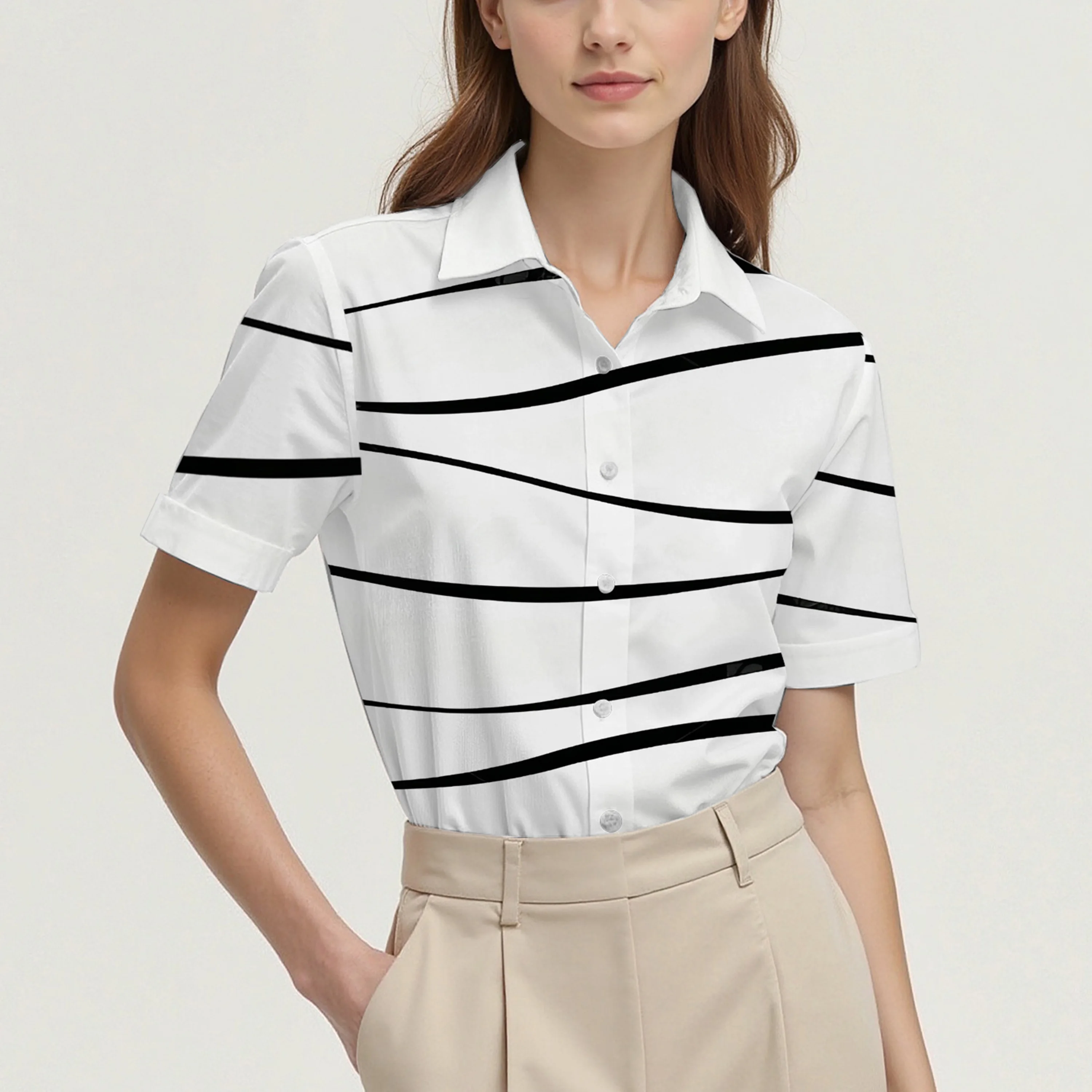 

High-quality summer casual short-sleeved collared shirt, striped pattern, women's top, stylish and unique women's clothing