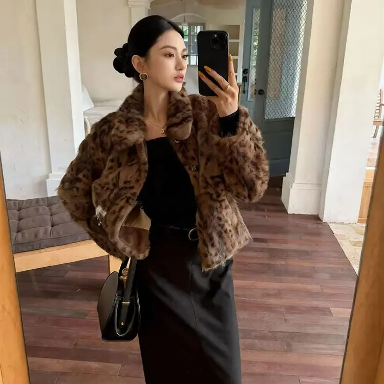 CHILL Winter Women Coffee Leopard Faux Fur Coat Lapel Collar Full Sleeve Shaggy Warm Jacket Soft Furry Loose Short Outerwear