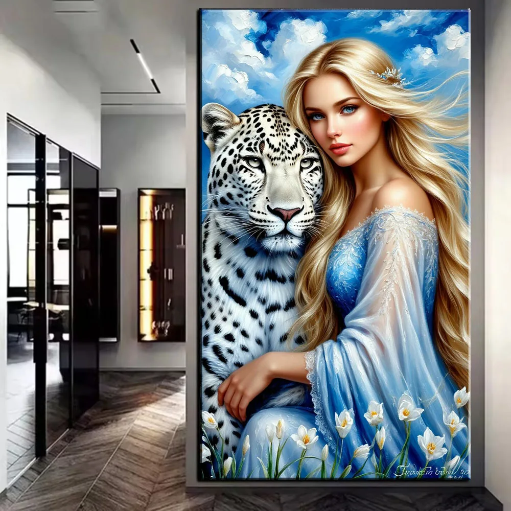 

Beautiful Girl Leopard 5D Diamond Painting Diy Jewelry Cross Stitch Full Square Round Drill Diamond Mosaic 110x220cm Woman Art