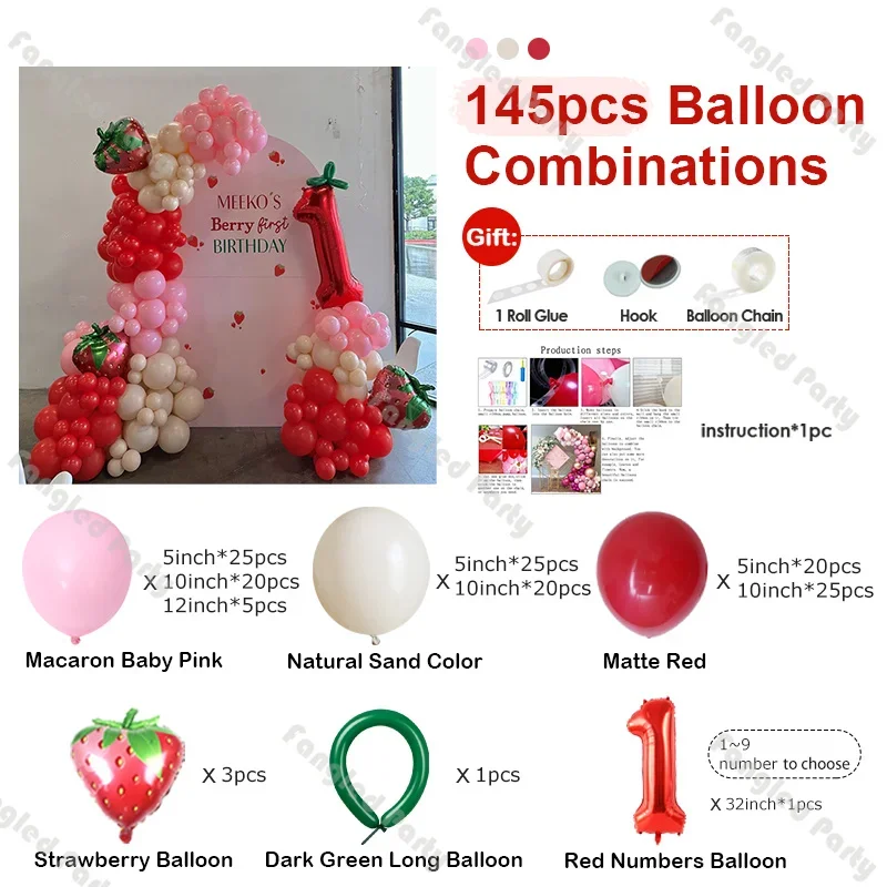 145pcs Strawberry Balloon Garland Kit Red Pink Wedding Globos Pastel Baby Shower Happy Birthday Fruit Party Decor Bride to Be