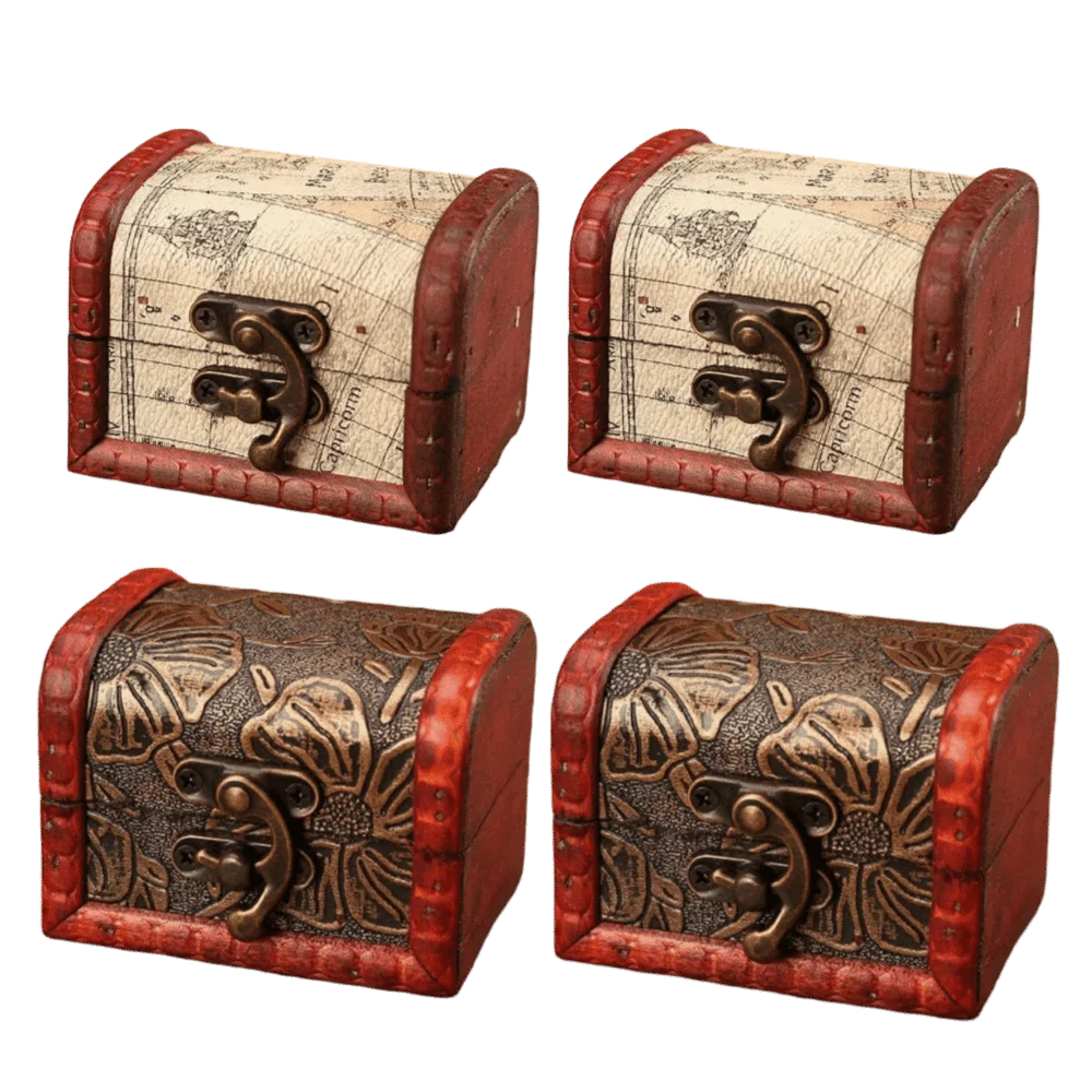 2pcs 8 x 6 x 6 cm Wooden Jewelry Box Composite Wood Dark Brown Floral Pattern Trinket Box Vintage Map Print Wine‑Red Edge Trim