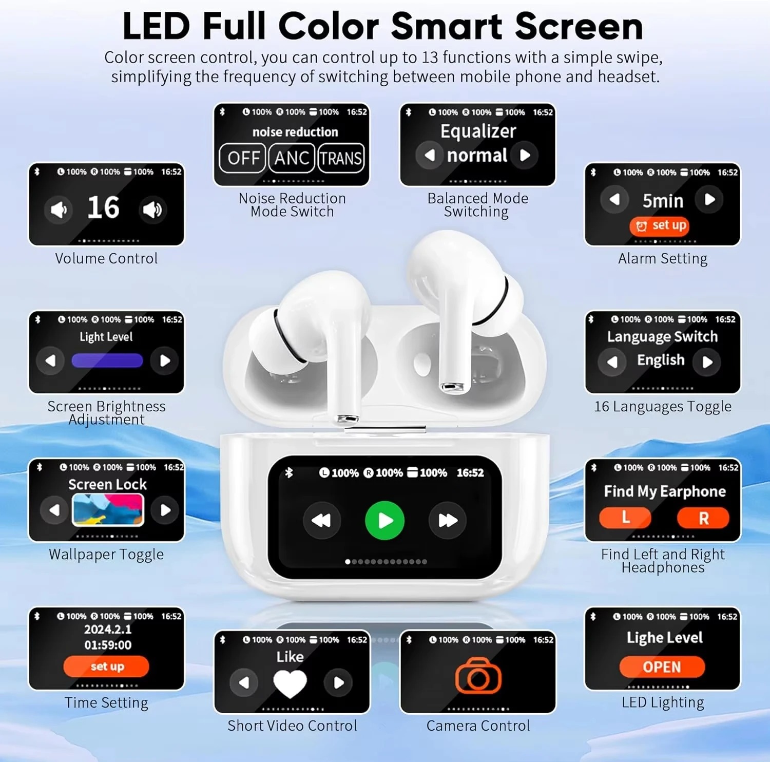In Ear Earphones Wireless Earbuds Touch Control LCD Screen Earphone with ENC Noise Cancell Super Bass Premium Sound Long Battery image 2