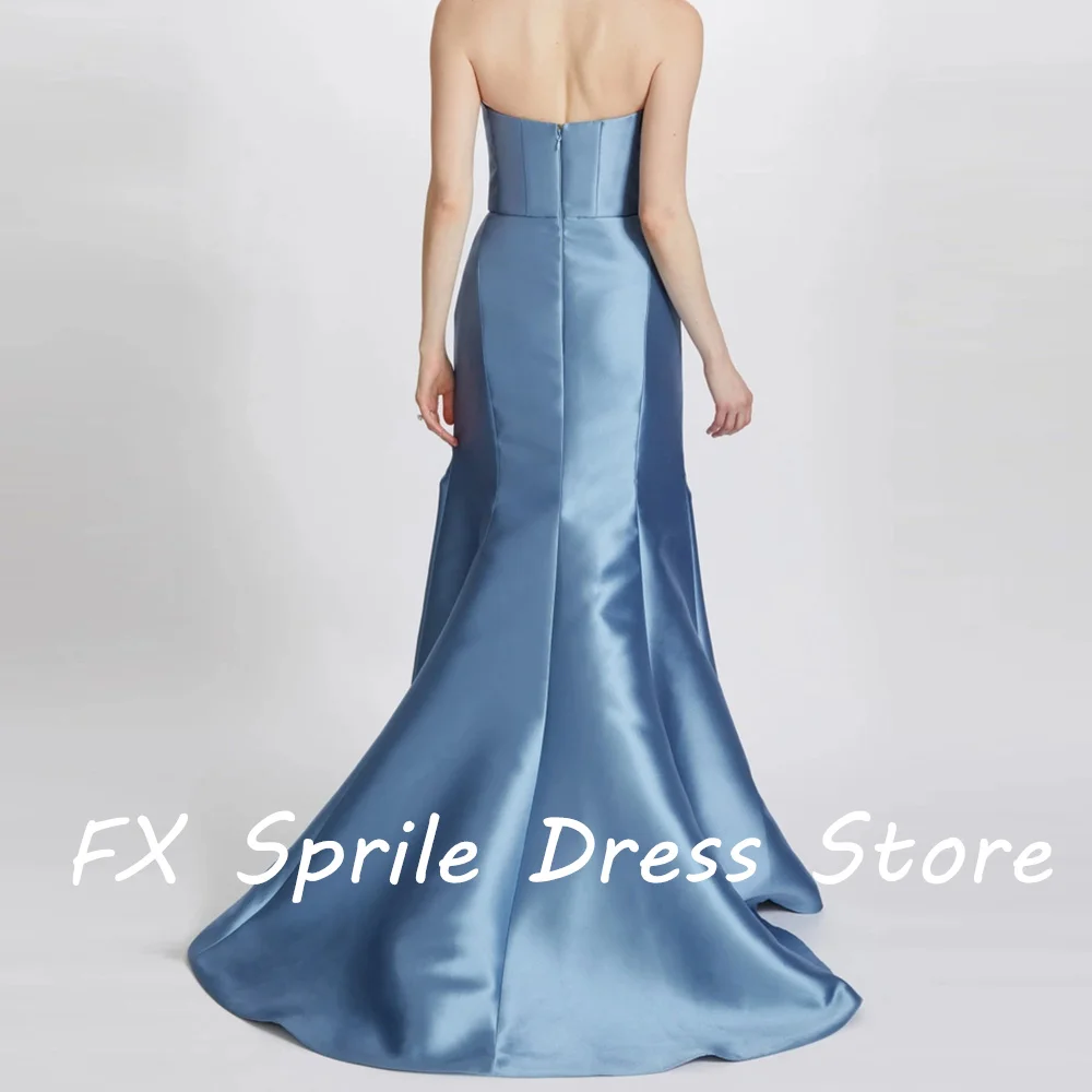 Blauwe Strapless Zeemeermin Mouwloos Satijn Rugloze Vloer Lengte Rits Rug Sweep Trein Elegante Luxe Avond Feestjurk 2024