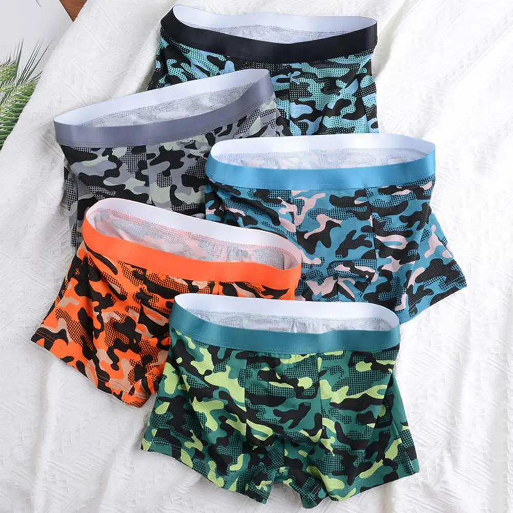 Wide Belt Underpants Quick Dry Camouflage Print Men's Boxers with Soft Elastic Waistband Anti-septic Seamless for Comfortable