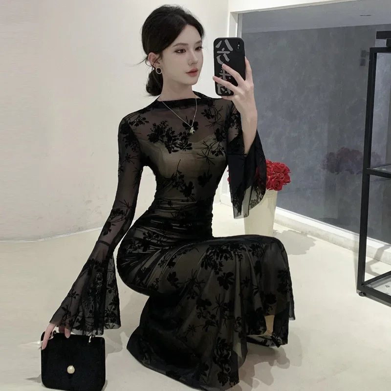Chinese Style Mesh Long Cheongsam Women Black Qipao Sexy Improved Chinese Dress Long Sleeve Elegant Vestidos Vintage Costume